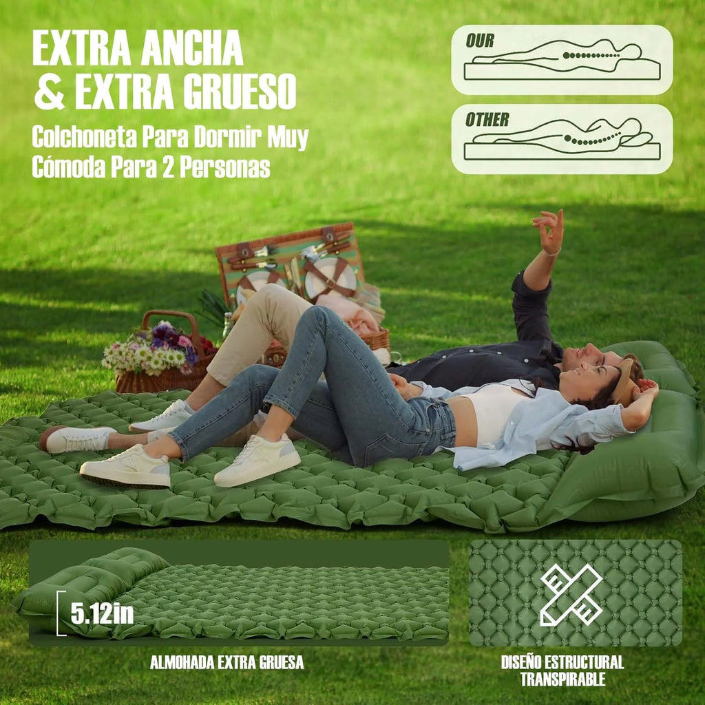 Nomvero Double Self-Inflating Camping Mattress with Built-in Pillow | Waterproof & Ultralight