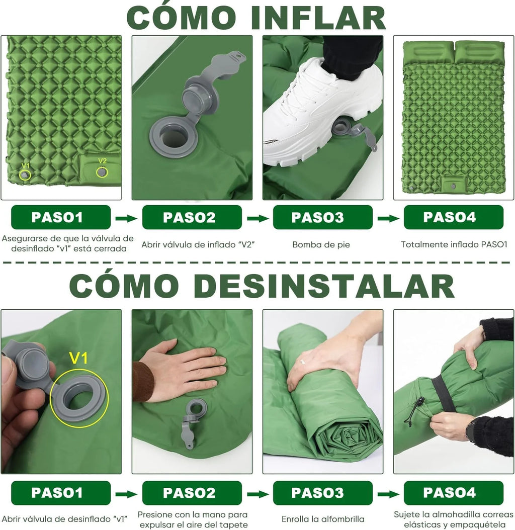 Nomvero Double Self-Inflating Camping Mattress with Built-in Pillow | Waterproof & Ultralight