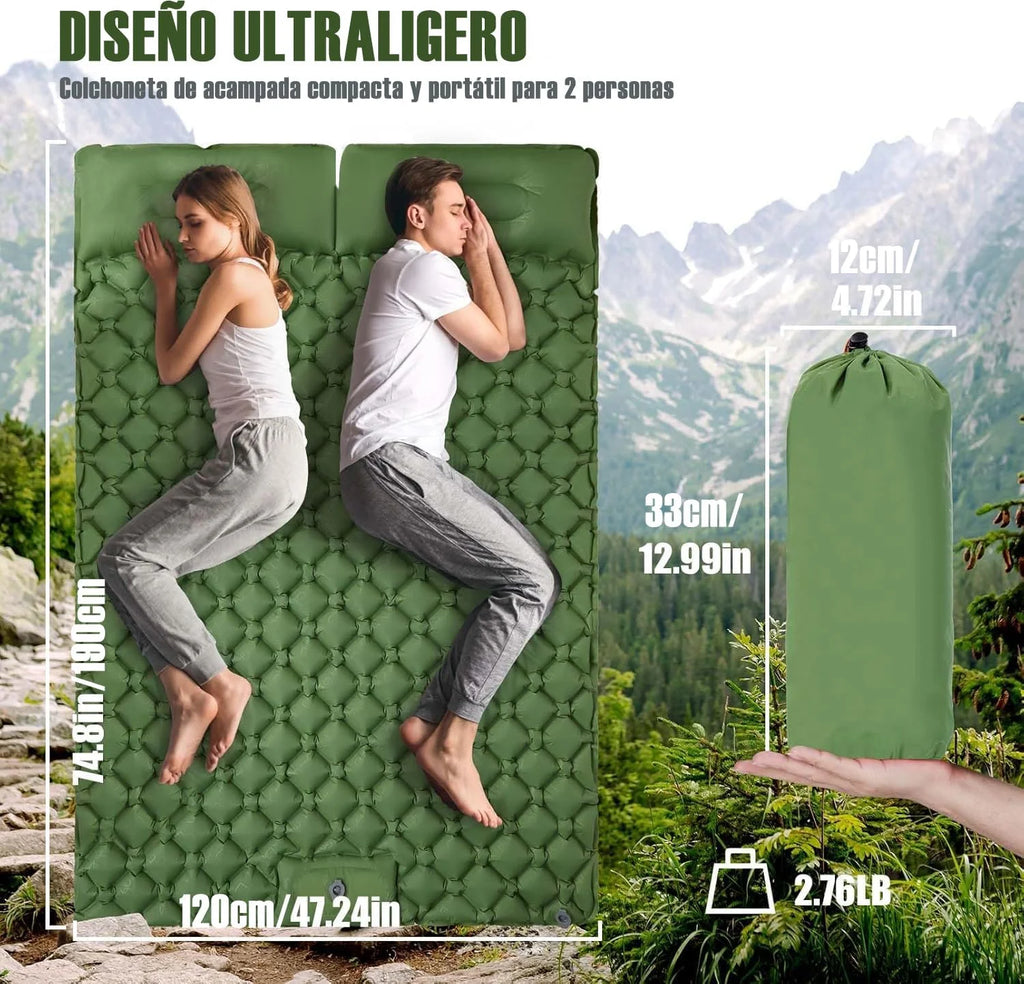 Nomvero Double Self-Inflating Camping Mattress with Built-in Pillow | Waterproof & Ultralight